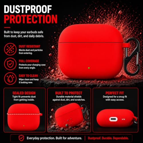 Image of Anvique Silicone Case Cover for Oneplus Nord Buds 4 Pro, Scratch Resistance, Shock Absorption, with Premium Carabiner (Red)