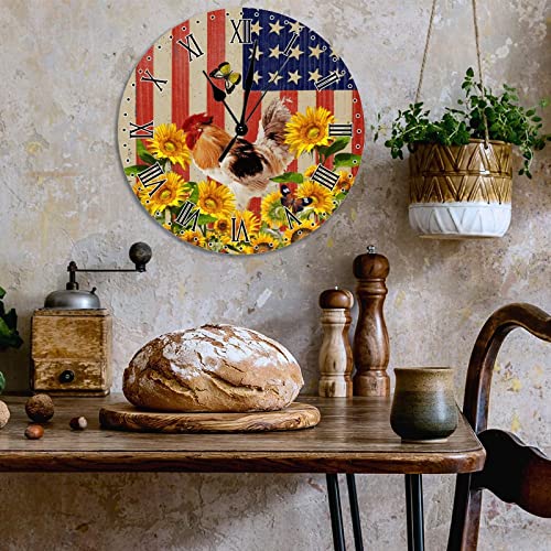 Horloge murale en bois motif coq tournesol drapeau américain de 30 cm - 4