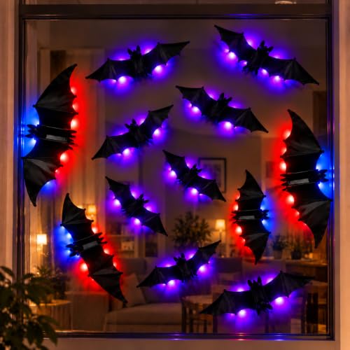 Halloween Bats Wall Decor- 12 Pack 3D Glowing Bat Stickers, Horror Decor with Flickering Bats Stickers for Window, Bedroom, Fireplace Mantel, Haunted House Prop, Removable & Damage-Free Wall Clings - image 5