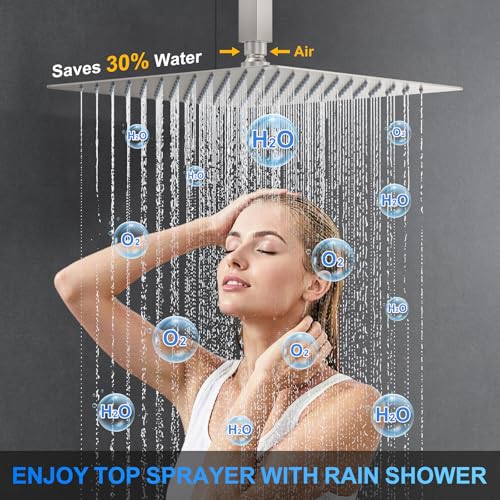 Image of Shower Faucet Set, 12 inch Ceiling Mount Rainfall Shower System with 2 Rain Shower Head and Multi-function Handheld Head Push Button Diverter Shower Faucet Trim Kit (12 inch, Brushed Nickel)