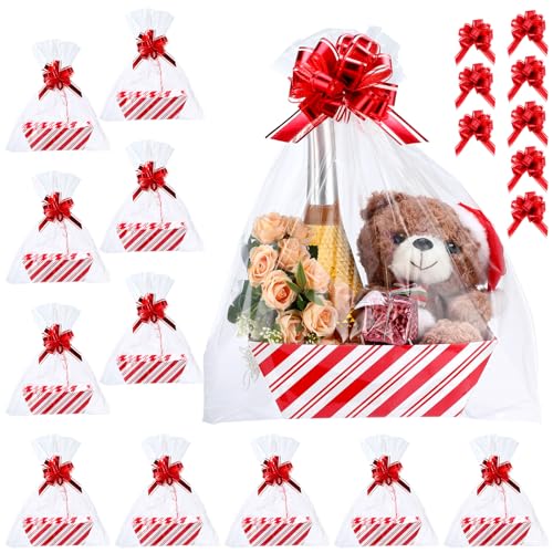 Image of Thenshop 44 Pcs Basket for Gifts Empty Gift Basket Bulk Include 12 Cardboard Tray 12 Plastic Bags and 20 Pull Bows for Christmas Fall Halloween Birthday Wedding Party DIY Wrapping(Stripe,Red, White)