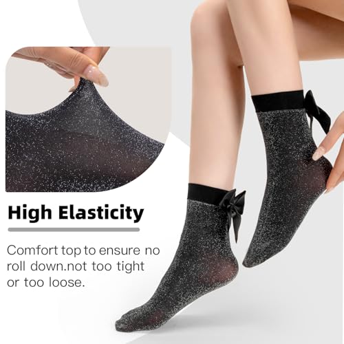 MANZI 3 Pairs Women's Glitter Bow Ankle Socks Sparkly Cozy Sheer Black Crew Socks with Cute Satin Bows Lace Girly Metallic Shimmer Short Stockings2
