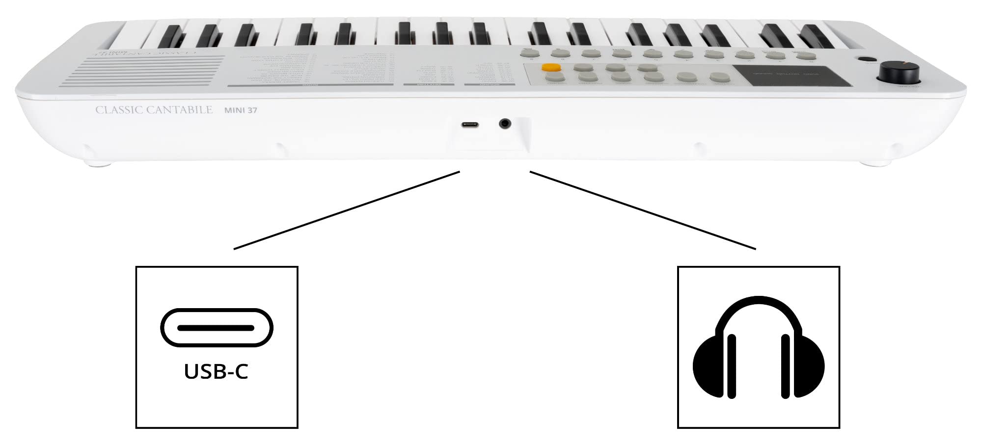 Classic Cantabile MINI-37 Clavier blanc-gris, 37 mini-touches, 100 rythmes | 100 sons (répartis en 10 groupes), 30 chansons (la voix mélodique peut être coupée), Polyphonie 32 notes, Bouton de volume