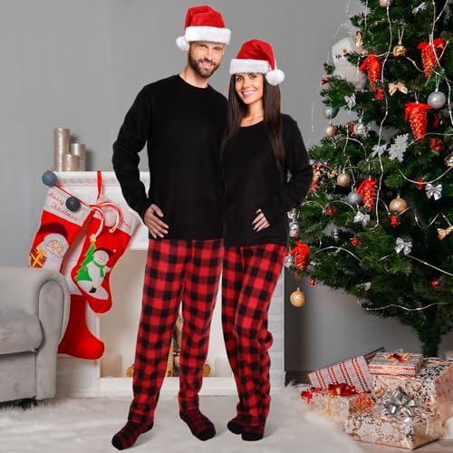 Christmas Couple Matching Pajamas Set Buffalo Plaid Pajama Set with Santa Hat and Socks for Adult(Medium,Men)4