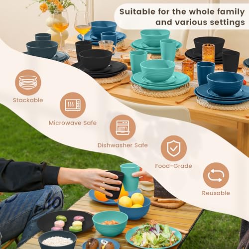Image of Homienly 40 PCS Premium Wheat Straw Dinnerware Sets, Reusable Unbreakable Plates and Bowls Set, Cups Sets, Service for 8, Microwave and Dishwasher Safe Dishes Set for Party, Outdoor (Nightscape)