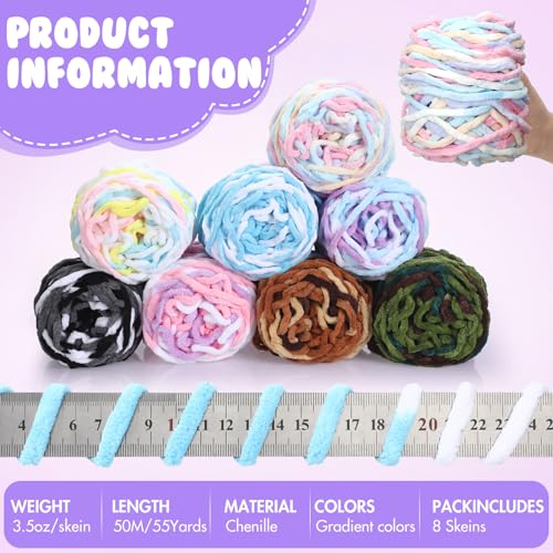 Image of Buryeah 8 Pack Chunky Chenille Yarn for Crocheting Soft Thick Fluffy Yarn for Hand Knitting Bulky Velvet Blanket Plush for Weaving DIY Crafts Each 3.5 oz 55 Yards (Gradient Colors)