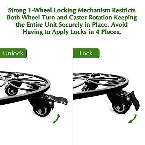 Iron Potted Plant Stand on Steel Casters (No Plastic), 12", Metal Plant Stand on Rollers, Flower Pot Trolley, Round Plant Caddy, Planter Movers with Locking Round Wheel, Plant Caddie, Pot Dolly