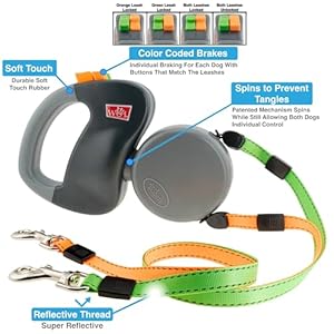 WIGZI (2 Two Dog Reflective Retractable Pet Leash – 360 Degree Zero Tangle Patent – Two Dogs Each up to 50 lbs and 10ft. Reflective Orange and Green Leads. Dual Locking, Small, Gray