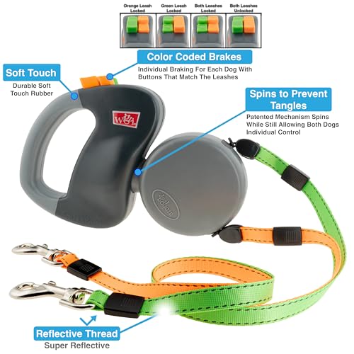 WIGZI (2 Two Dog Reflective Retractable Pet Leash – 360 Degree Zero Tangle Patent – Two Dogs Each up to 50 lbs and 10ft. Reflective Orange and Green Leads. Dual Locking, Small, Gray WIGZI (2 Two Dog Reflective Retractable Pet Leash – 360 Degree Zero Tangle Patent – Two Dogs Each up to 50 lbs and 10ft. Reflective Orange and Green Leads. Dual Locking, Small, Gray