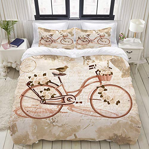KASMILN Bedding Juego de Funda de Edredón,Cartel de Bicicleta Vintage,Microfibra Funda de Nórdico y Fundas de Almohada (Cama 220x240cm+Almohada 63X63cm)