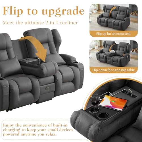 Image of Loveseat Recliner Sofa,RV Wall Hugger Recliners for Small Spaces,Reclining Loveseat Sofa Recliner with Cup Holders /Lumbar Pillows,RV Furniture (Dark Gray, Loveseat with Flip-up Console)