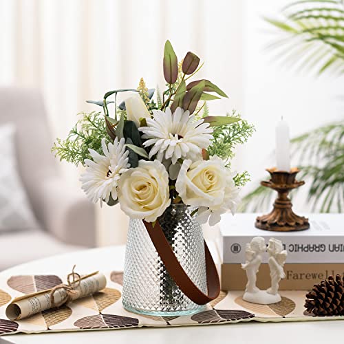 Raynecol Artificial Roses Flower With Vase, Fake Flowers Arrangement Decor For Home Office, Faux Silk Flowers For Coffee Table Centerpiece, Farmhouse Kitchen Dining Table Plant Decor #TOP2