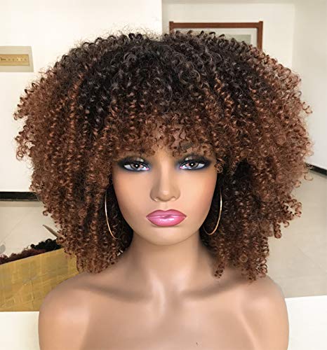 Short Afro Curly Wigs for Black Women Kinky Curly Wig with Bangs 14inch Fashion Ombre Brown Afro Full Wigs
