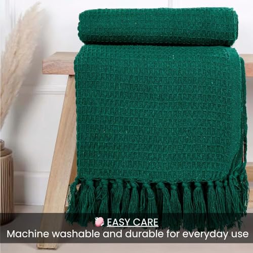 Image of 100% Cotton Waffle Weave Sofa Throw Blanket 50x60 Inches or 125x150 cms Lightweight, Soft & Breathable Couch, Bed or Chair Throw Blanket for Living or Bedroom, Bottle Green
