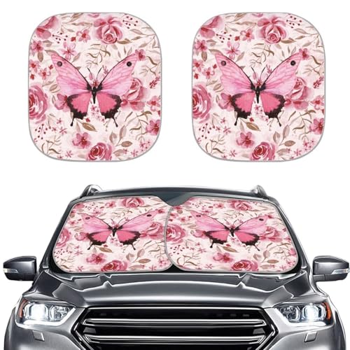 Image of Pink Butterfly Car Sun Shade for Windshield, 2-Pack, Universal Fit, 28.5 x 25.5 inches, Butterfly Print