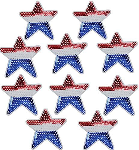 Pack of 10 Shiny 5 Star Sequins Sew Iron on Applique Embroidered Patches (Red+White+Blue)