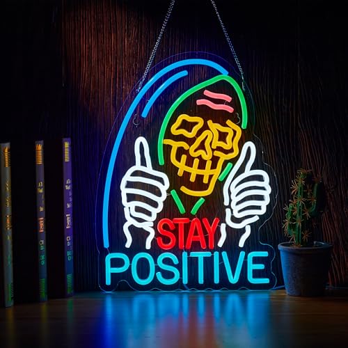 Image of Stay Positive Skull Neon Sign for Wall Decor Dimmable USB LED Neon Light for Home Living Room Bedroom Halloween Decor Gifts