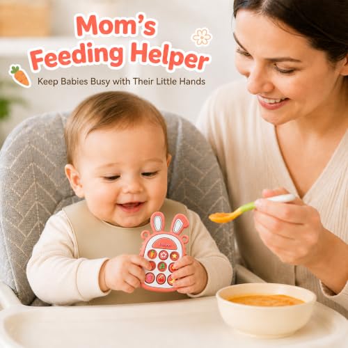 Image of Press Phone Teether for Baby Girls, Soft Silicone Teething Toy, Sensory Toy | Teething Relief, BPA-free, Freezer, for Baby 3 Months+, Cute Rabbit Design with Textures and 9 Patterns, Press & Pop for Fun!