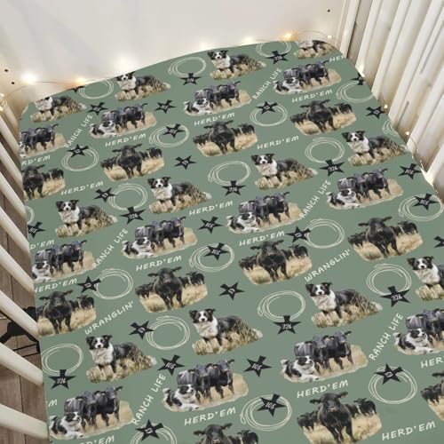 Herding Dogs Crib Sheets 52x28" Border Collies Cowboy Green