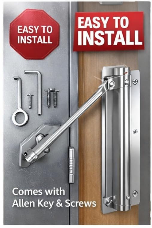Image of Automatic Door Closer Adjustable Spring Mechanism for Home, Office & Wooden Metal Doors, Auto Door Closer with Silent Soft Close, Heavy Duty Door Closure Hinges for Safety, Easy Installation