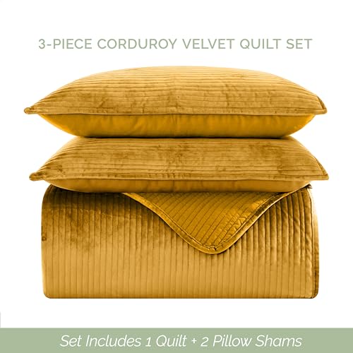 Elegant Comfort Luxury 3-Piece Velvet Corduroy Stripe Quilt Set, Ultra Soft Bedspread - Cozy Velvet Coverlet Set - 3PC Medium Weight Quilted Set with Matching Pillow Shams, King, Gold