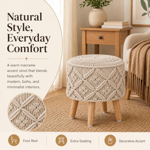 Image of Macrame Ottoman for Living Room | Handcrafted Woven Foot Rest Stool with Solid Wooden Legs | Pouffe for Sitting, Foot Stool for Bedroom & Home Decor | 16x16x18 Inch (Beige)
