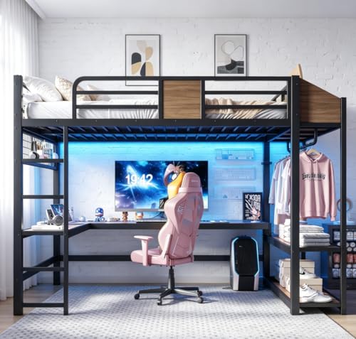 Image of Bellemave Queen Size Loft Bed with Desk and USB Ports, Clothes Hanging Rod, LED, Metal Full Loft Bed Frame for Adults, Kids, Teens, Black
