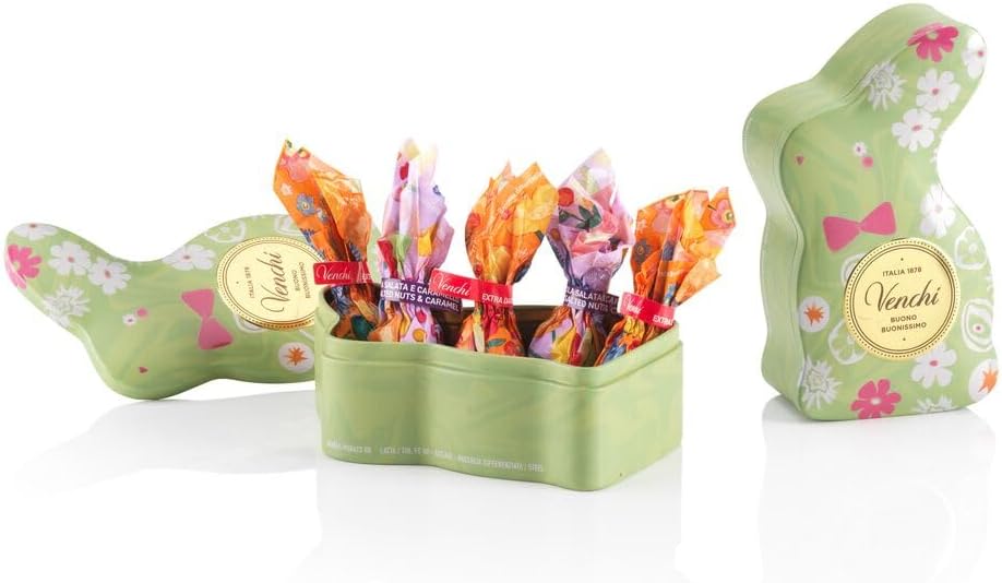 VenchiGreen Rabbit Shaped Tin with 6 Chocolate Eggs, Assorted Flavours with "Piedmont Hazelnut", Gluten-Free, 2.32 oz, Gift Idea for Mother's Day