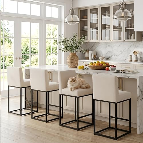Image of HNY Modern Counter Height Bar Stools Set of 4, Linen Upholstered Kitchen Island Stools with Backrest, 27 Inch Bar Stools with Black Metal Frame, Cream
