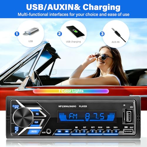 Single DIN Car Radio Bluetooth Stereo with 7-Color LED Backlight, EQ Sound, Hands-Free Calling, AM/FM Radio, Dual USB (Fast Charging & Music Playback), SD | Not a CD Player