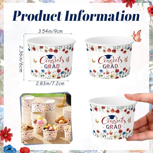 Image of Funnymoom 50 Pack Red White Blue Wildflower Graduation Ice Cream Cups 9 oz Class of 2026 Congrats Grad Disposable Dessert Snack Cups Floral Graduation Paper Soup Bowls for College High School Party