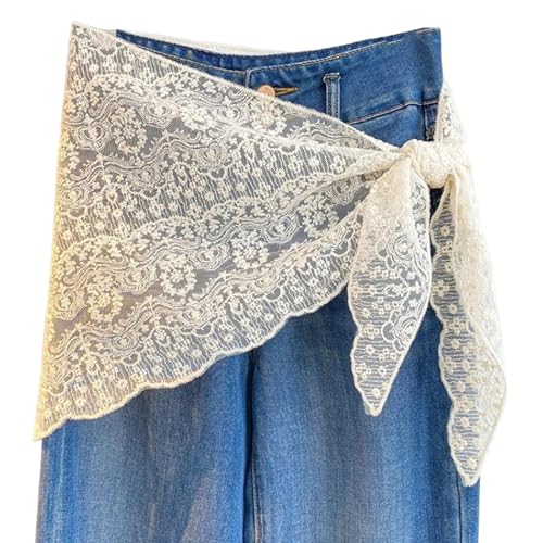 Women Lace Cover Up Skirt Y2k Hip Scarf Belt Tie Side Sheer Lace Wrap Skirt Asymmetrical Flowy Layered Skirts (EmbroideryWhite One Size)