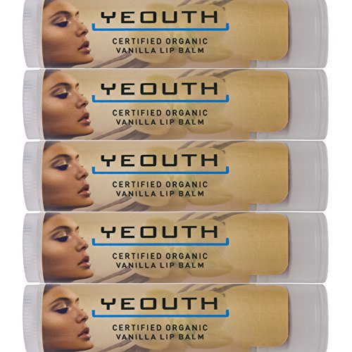 Organic Vanilla Lip Balm Organic : Beeswax - Coconut Oil - Vitamin E - Sunflower Oil - Vanilla - Rosemary. Long Lasting Soothing Repair for Dry and Chapped Lips. Made in the USA. 4 Pack Plus 1 Free!