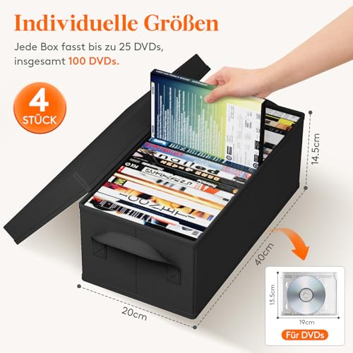 Lifewit DVD Aufbewahrungsbox, Stapelbarer DVD Aufbewahrungsbehälter, faltbarer DVD Behälter mit Deckel, fasst bis zu 100 DVDs 25 Stück pro Einheit für Haus und Auto,40 x 20 x 14.5cm ,4er Pack