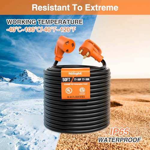 Image of Nilight 50FT 30 Amp RV Extension Cord with Adapter 50Amp to 30Amp 125V Heavy Duty 10 /3 Gauge Pure Copper STW Wire UL ETL Listed 3 Prong TT-30P TT-30R Weatherproof Suit for Generators Campers