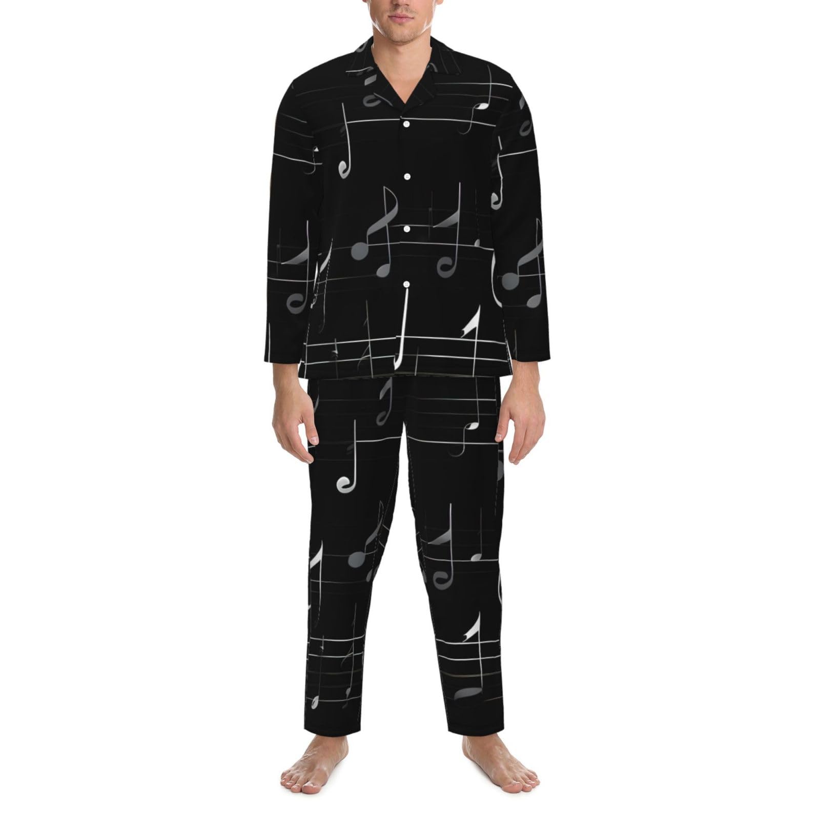 Herren-Pyjama-Set, langärmelig, mit Musiknoten-Aufdruck, zweiteilig, bequem, Nachtwäsche, Schwarz
