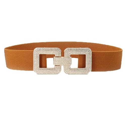COTIM COYIN Women's Elastic Belt with Double Rhinestone Square Buckle,