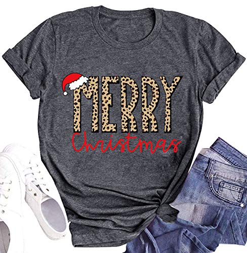 Merry Christmas Shirt for Women Funny Craphic Tees Tops Casual Short Sleeve Fall T Shirt (Grey-D-XMZ, L)