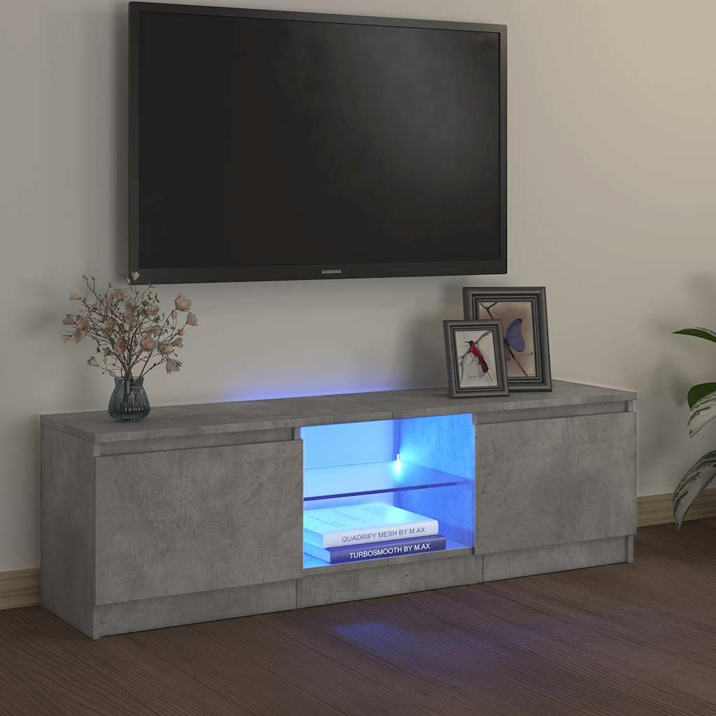 vidaXL Meuble TV avec éclairage LED, Gris béton, 120x30x36 cm, Panneaux de Bois & Verre trempé, Support TV Jusqu’à 50", Buffet Bas avec étagères, Meuble Moderne de Salon