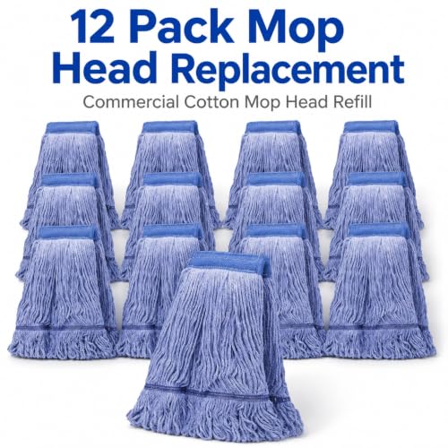 Image of 12 Pack Mop Head Replacement, Cleaning Heavy Duty Mop Head Commercial Replacement, Wet Industrial Blue Cotton Looped End String Head Refills, Heavy Mop Replace Head, for General and Floor Cleaning