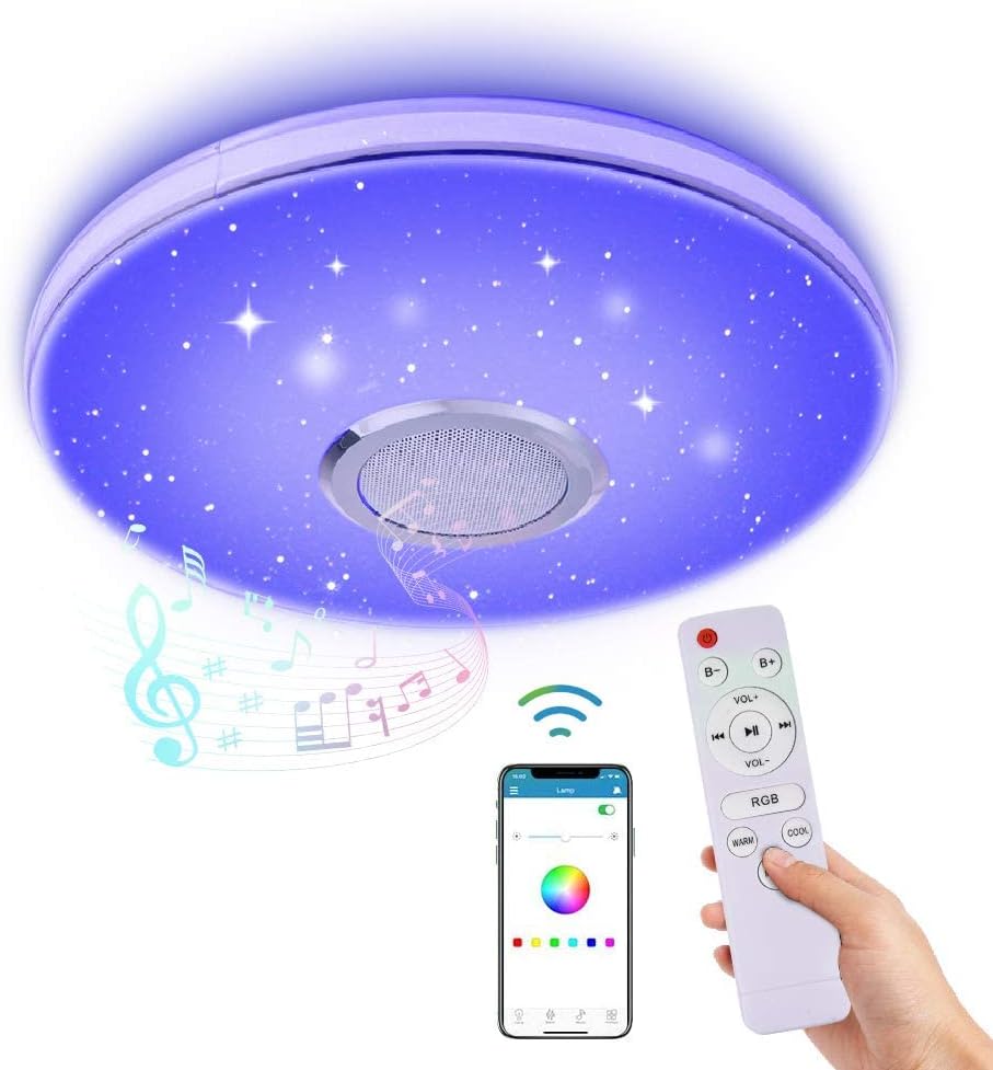 36W LED Music Ceiling Light with Bluetooth Speaker, RGB LED Flush Mount Smartphone APP Control Remote Color Changing Ceiling Lamp, Waterproof Light Fixture for Kids Room Bedroom