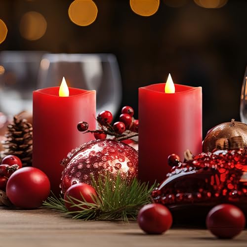 Image of 3x5 Flickering Flameless Candles Set of 2, 2AA Battery Life 600 Hours Battery Candles Flickering with Timer,5 inch Flameless Candles with Remote for Indoor /Outdoor, Red