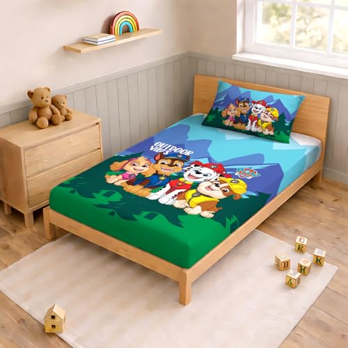 Image of Sassoon Paw Patrol (Outdoor Vibes) Digital Printed, Cotton Single Bedsheet, 300 TC, 1 Pillow Cover, Fade Resistant, Bedsheet for Kid's Bedroom, (1.50m X 2.35m)