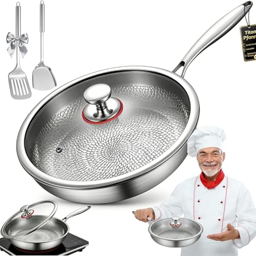 fjaldjfu Titanex Poele, Poele Titane Martelé, PoêLe à Frire En Titane Non RevêTue Haut De Gamme Pour La Cuisine, AntiadhéSive, éPaisse, Convient à Tous...