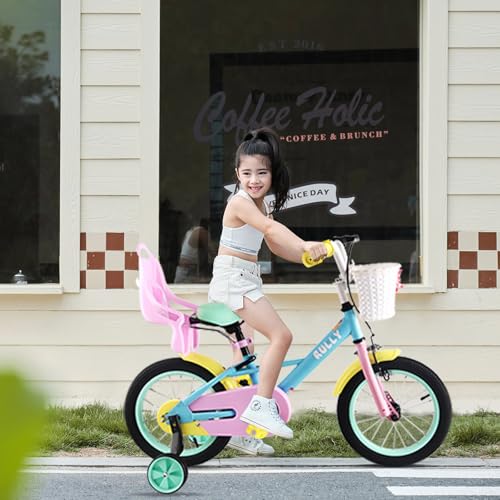Image of RULLY 12 14 16 Inch Kids Bike for 2-7 Years Girls 33-53 Inch Tall, Toddler Bicycle with Training Wheels & Coaster Brake, Rainbow Bike, Macarons