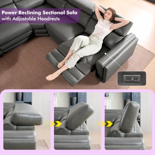 Image of Power Recliner Sofa, Leather Sectional Couch for Living Room, Dark Grey | 3 Bluetooth Speakers & Hidden Storage, Modern L Shaped Reclining Couch with 6 Charging Ports