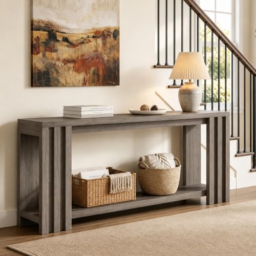 Image of 70.9 Rustic Grey Slim Farmhouse Console Sofa Table Behind Couch Entryway