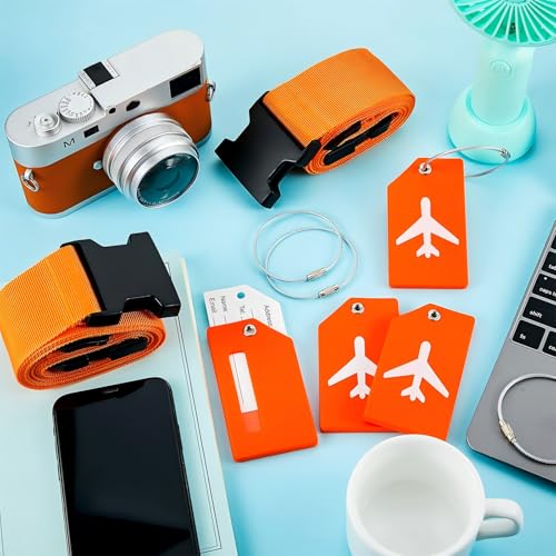 Image of Weewooday 8 Pcs Luggage Straps Suitcase Tags Set for TSA Approved, 4 Travel Adjustable Suitcase Belt, 4 Silicone Luggage Tags with Name ID Card Travel Accessories(Orange,Airplane)