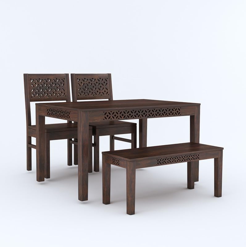Image of Solid Sheesham Wood Dining Table Set with Chairs | Brown Modern Decorative Dining Set for Home /Office /Dining Room /Hotels | Walnut Brown 4 Seater