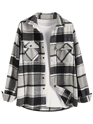 Image of ZAFUL Unisex Plaid Flannel Shirt Jacket Button Down Long Sleeve Pocket Coat Outwear | Mens Fall Clothes Lightweight Long Sleeve Button Down Flap Pocket Jacket Tops for Fall&Winter 2026